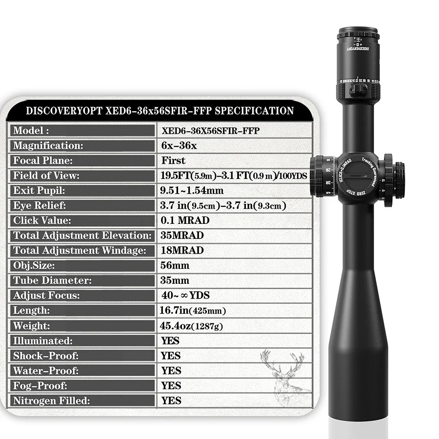 DISCOVERYOPT Mira telescópica XED 6-36X56SFIR FFP-MRAD/MOA-ZERO STOP Diámetro: 35 mm 
