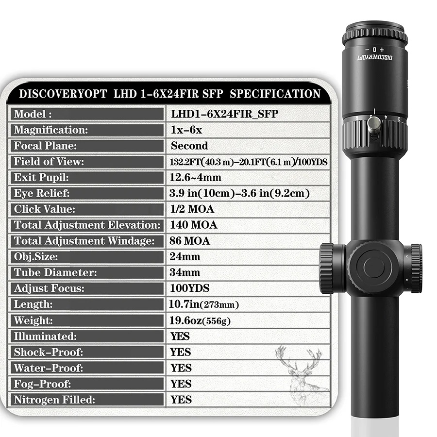 DISCOVERYOPT Mira telescópica LHD 1-6X24SFIR SFP-MOA LPVO con retícula de fibra de 34 mm de diámetro 